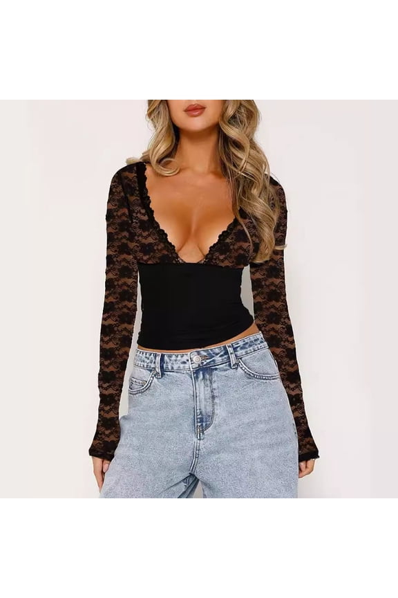 Women Lace Long Sleeve Top See Through Mesh Crop Top Floral Slim Fit Layering Top Tee Shirts Blouse Streetwear Women Undershirt 2 Shirt dish Top Big Shirt Long Sleeves Long Sleeved Tee Women