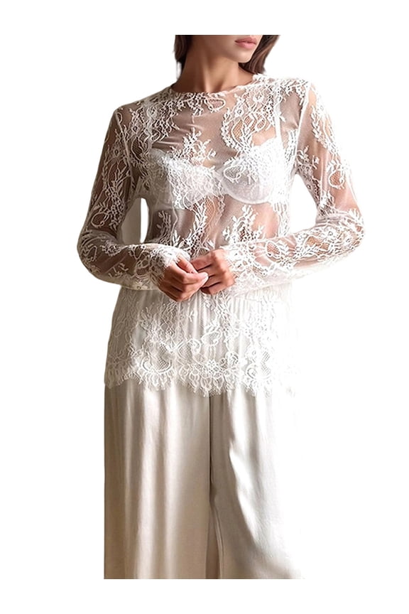 Women Lace Long Sleeve Top Sheer Crew Neck Mesh Blouse Transparent See Through Shirt White L