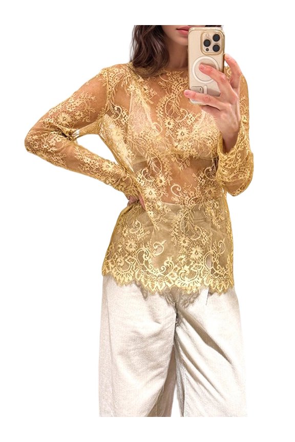 Women Lace Long Sleeve Top Sheer Crew Neck Mesh Blouse Transparent See Through Shirt Yellow S
