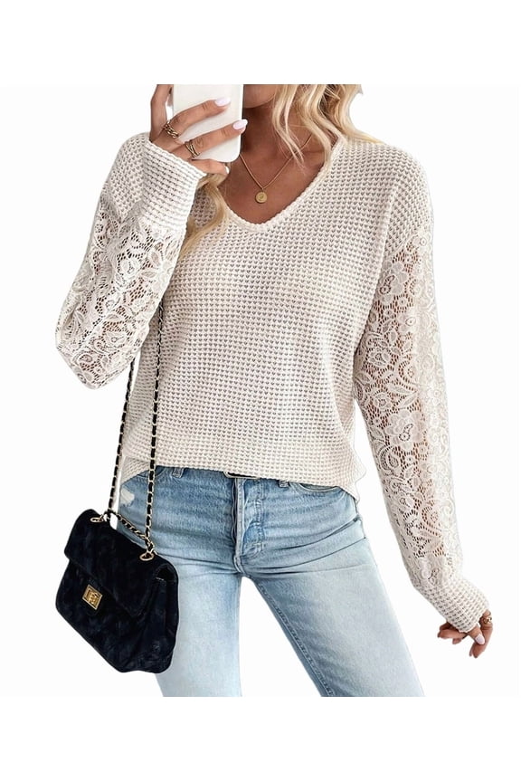 Women Lace Long Sleeve Tops V Neck Waffle Knit Patchwork Blouse Fall Crochet Sweaters Color S