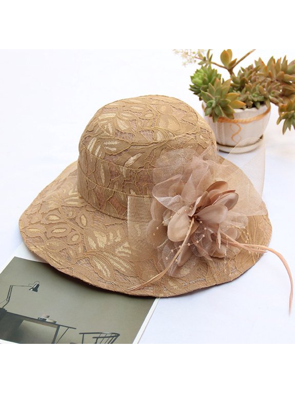 Women Lace Mesh Basin Hat Flower Large Brim Sun Visor Outdoor Hat