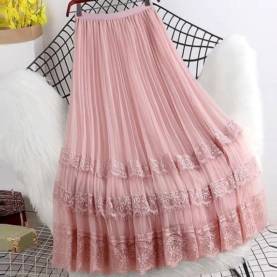 Women Lace Mesh Maxi Skirt Elegant Elastic High Waist Patchwork Tulles Pleated Long Skirts One Size