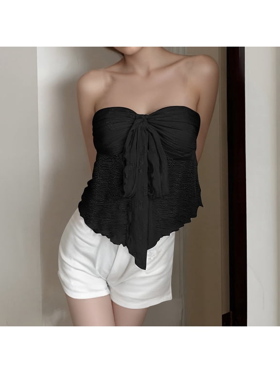 Women Lace Mesh Stitching Through Irregular Waist Tube Top Blouse Black M
