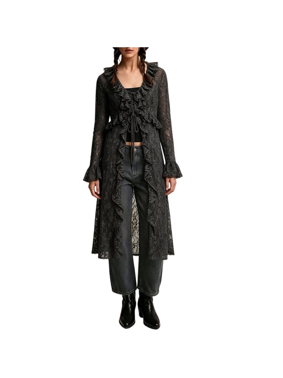 Women Lace Mesh Tie Front Maxi Top Ruffled Long Sleeve Y2K Cardigan See Through Flowy Kimono Cover Up Shirt
