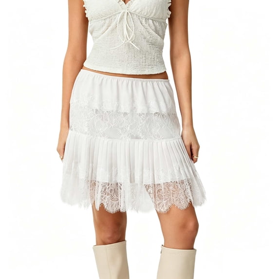 Women Lace Mini Skirt Low Rise Ruffle Pleated Layered Flowy Underskirt for Going Our Party Club