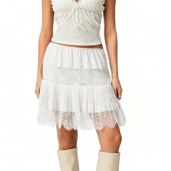 Women Lace Mini Skirt Low Rise Ruffle Pleated Layered Flowy Underskirt for Going Our Party Club