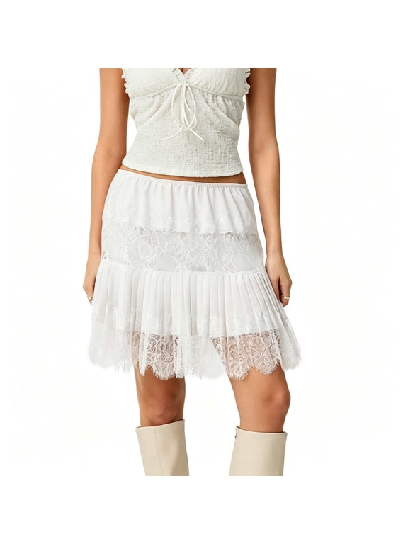 Women Lace Mini Skirt Low Rise Ruffle Pleated Layered Flowy Underskirt for Going Our Party Club