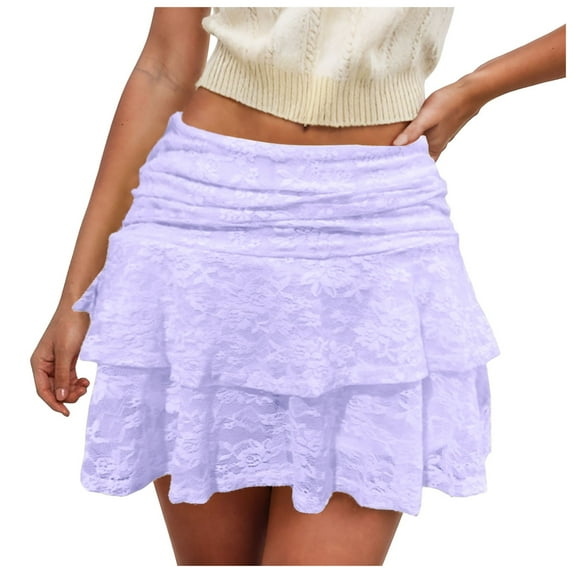 Women Lace Mini Skirt Ruffle Hem Tiered Skirt Low Waist Mini Skirt Sheer Floral Lace Tiered Skirt