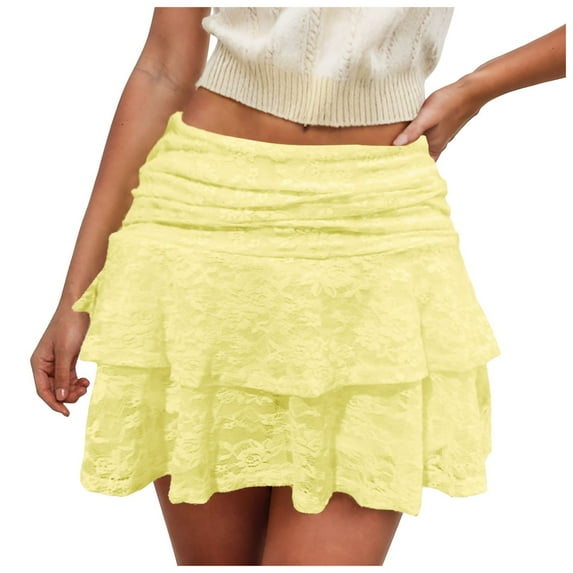 Women Lace Mini Skirt Ruffle Hem Tiered Skirt Low Waist Mini Skirt Sheer Floral Lace Tiered Skirt