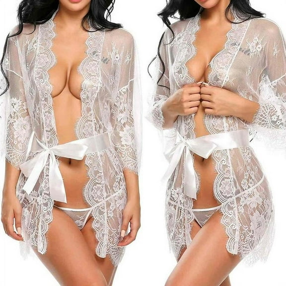 Women Lace Night Dress Sleepwear Bandage Deep V G-String Sheer Sleep Dress