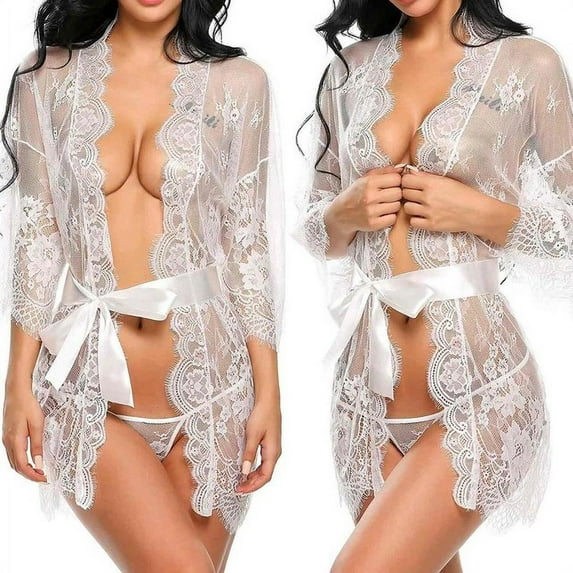 Women Lace Night Dress Sleepwear Bandage Deep V G-String Sheer Sleep Dress