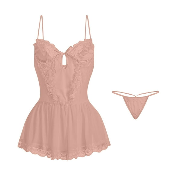 Women Lace Nightgown Sleepwear Chemise V-Neck Cute Loungewear Nightshirt Mini Dress Ladies Pajama Dress Rose Gold One Size