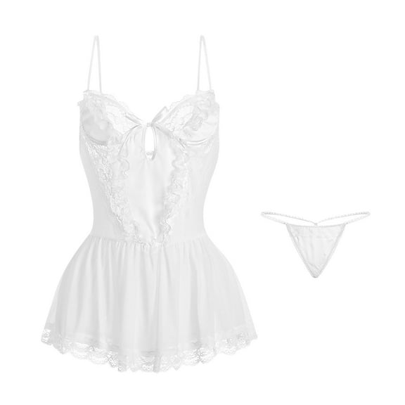 Women Lace Nightgown Sleepwear Chemise V-Neck Cute Loungewear Nightshirt Mini Dress Women Pajamas Dress White One Size