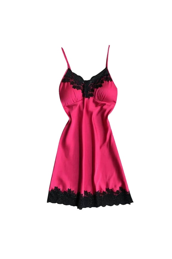 Women Lace Nightgown Spaghetti Strap Cami Sleeveless Chemise Sleepwear Sleep Dress Hot Pink M