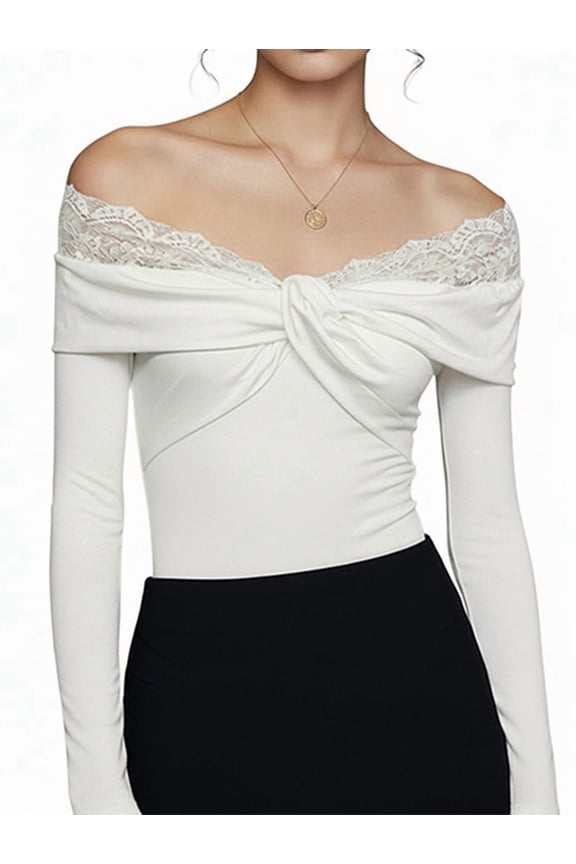 Women Lace Off the Shoulder Bodysuit Long Sleeve Thong Bodycon Slim Fit Tops Leotard White M