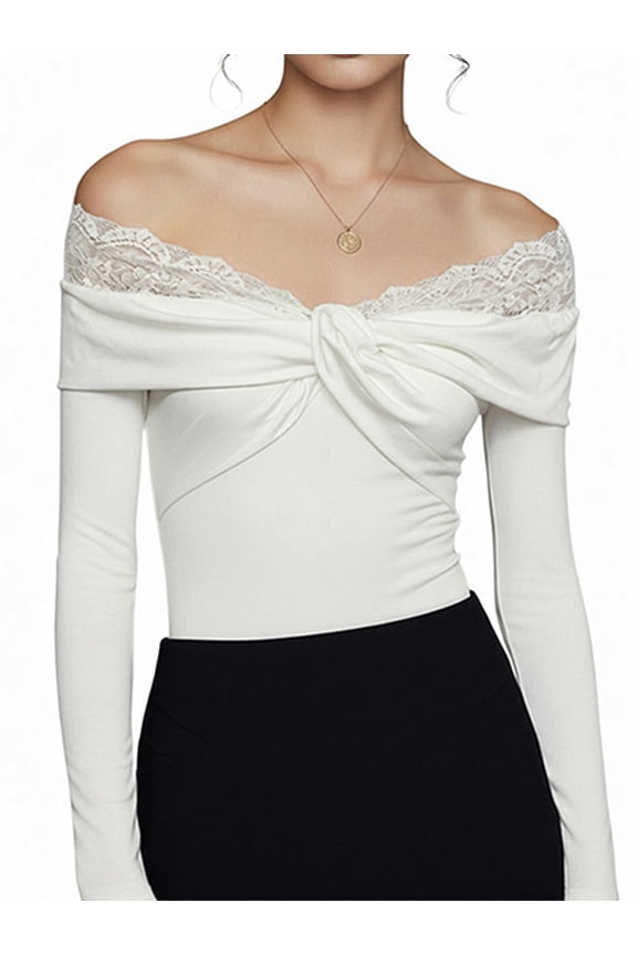 Women Lace Off the Shoulder Bodysuit Long Sleeve Thong Bodycon Slim Fit Tops Leotard White XL