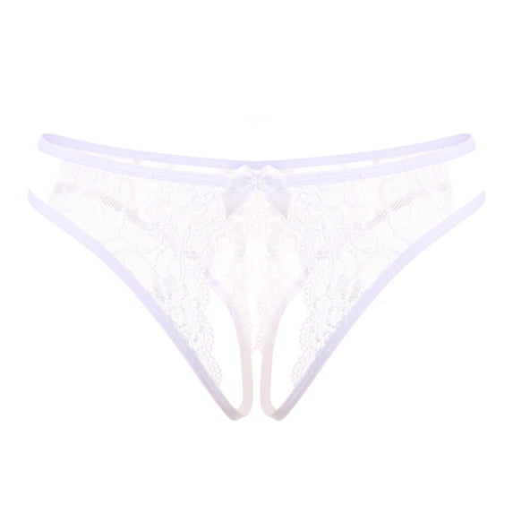 Women Lace Open File Panties for Women Open-Front Sheer T-Back Low Rise Thong Panties White One Size