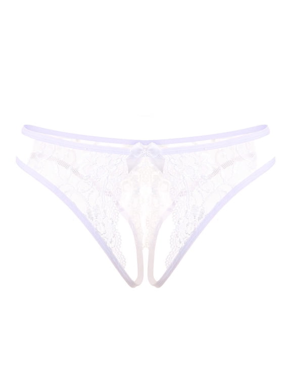 Women Lace Open File Panties for Women Open-Front Sheer T-Back Low Rise Thong Panties White One Size