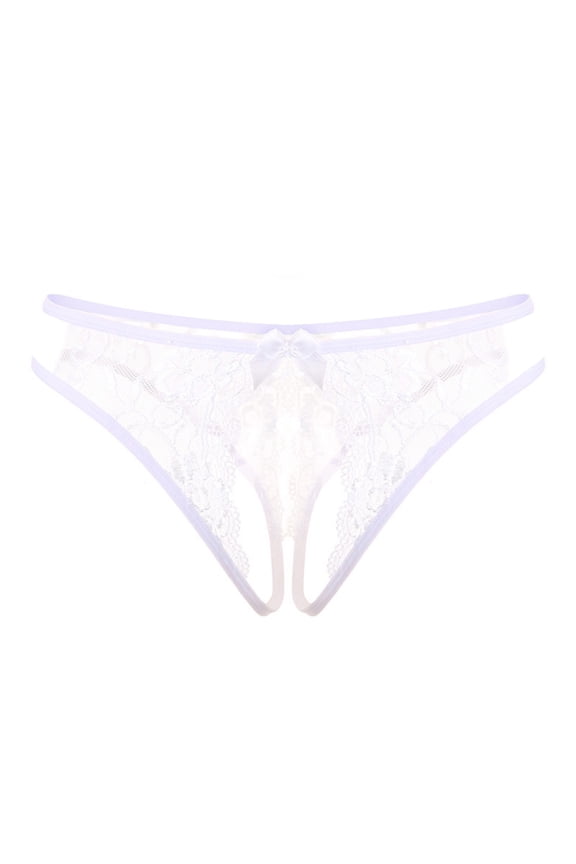 Women Lace Open File Panties for Women Open-Front Sheer T-Back Low Rise Thong Panties White One Size