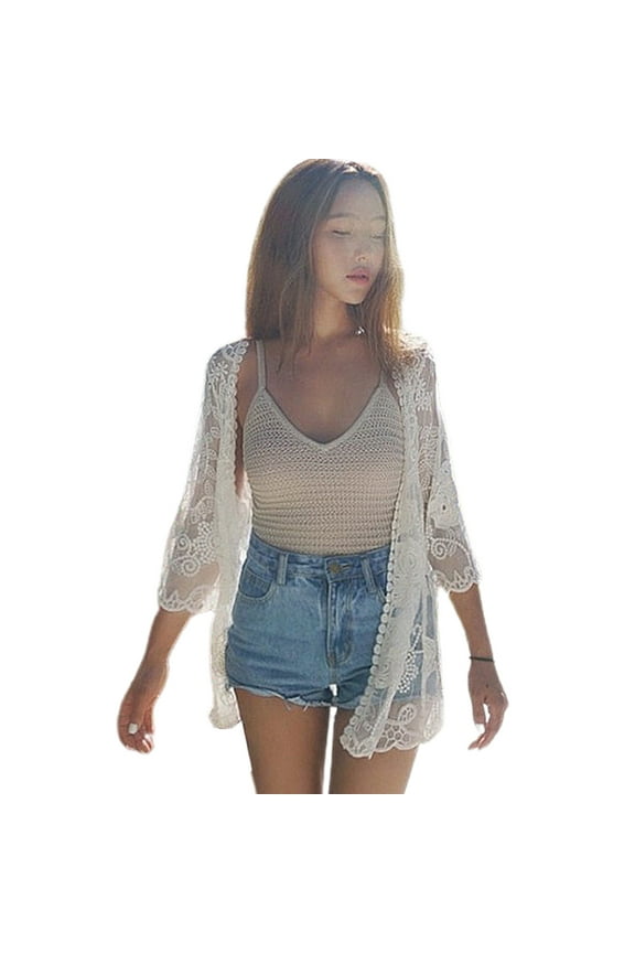 Women Lace Open Front Kimono Cardigan Crochet Floral Sheer Mesh Beach Cover Up