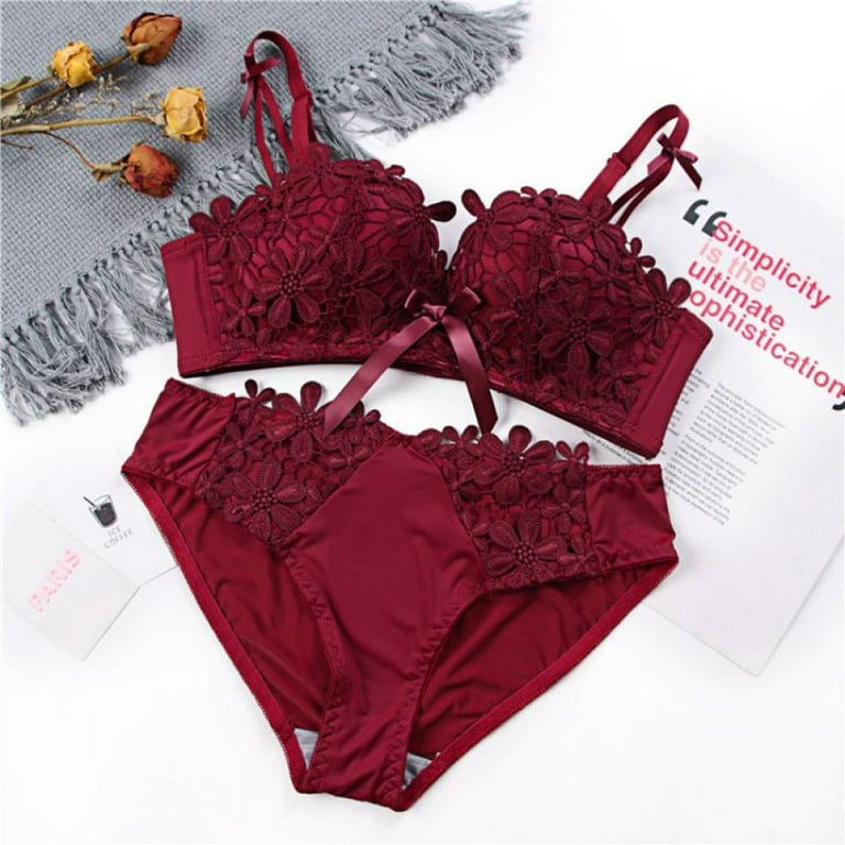 Women Lace Oriental Cherry Bra Sets Sexy Padded Push Up Lace Bras Cotton  Crotch Low Waist Lace Panties Suits,Wine Red,36B 