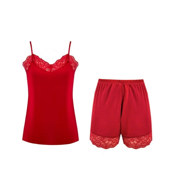 Women Lace Pajama Set Cami Top Shorts Sleepwear Two Piece Satin Loungewear Silk Nightwear Pjs