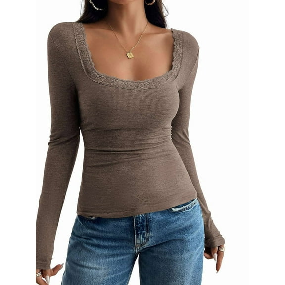 Women Lace Patchwork Long Sleeve Shirt Square Neck Slim Fit Crop Tops Brown XL