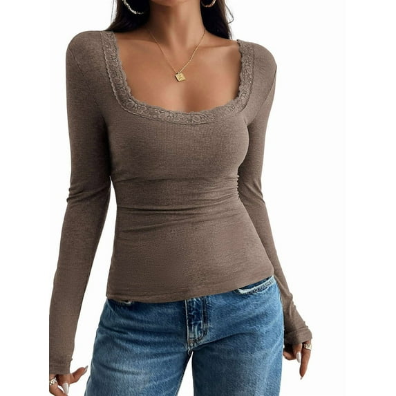 Women Lace Patchwork Long Sleeve Shirt Square Neck Slim Fit Crop Tops Brown XS
