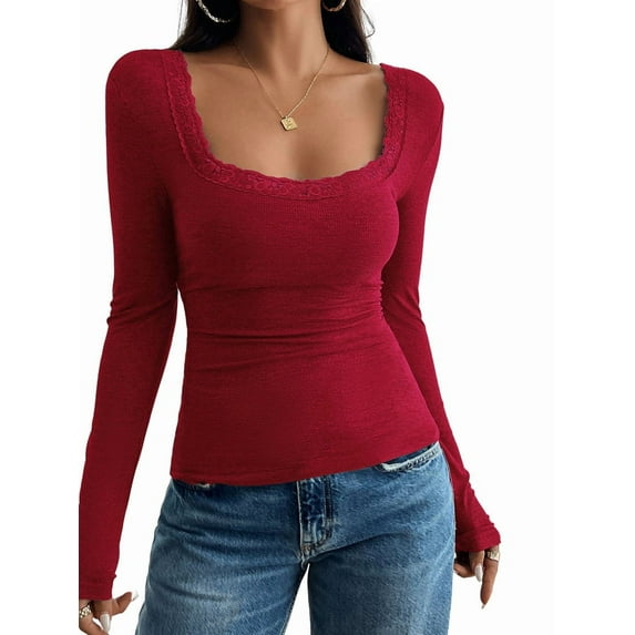 Women Lace Patchwork Long Sleeve Shirt Square Neck Slim Fit Crop Tops Red S