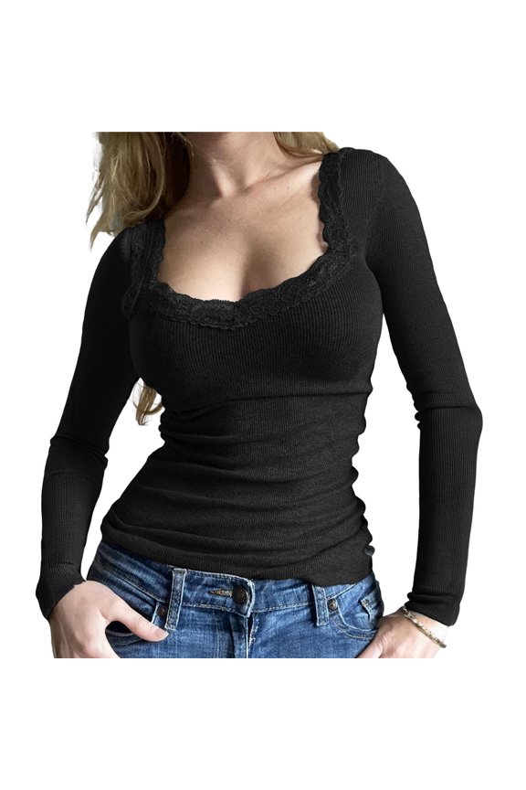 Women Lace Patchwork Long Sleeve Shirt Square Neck Slim Fit Crop Tops