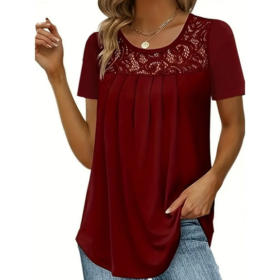 New Women Lace Patchwork Loose Pleated T-shirts Lady Lace Patchwork T-shirts