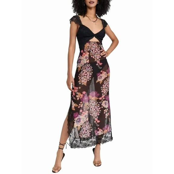 Women Lace Patchwork Mesh Maxi Dress Floral Print Cutout Sweetheart Neck Backless Slit Summer Y2K Long Dresses Black S