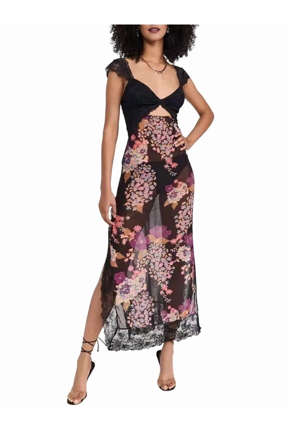 Women Lace Patchwork Mesh Maxi Dress Floral Print Cutout Sweetheart Neck Backless Slit Summer Y2K Long Dresses Black S