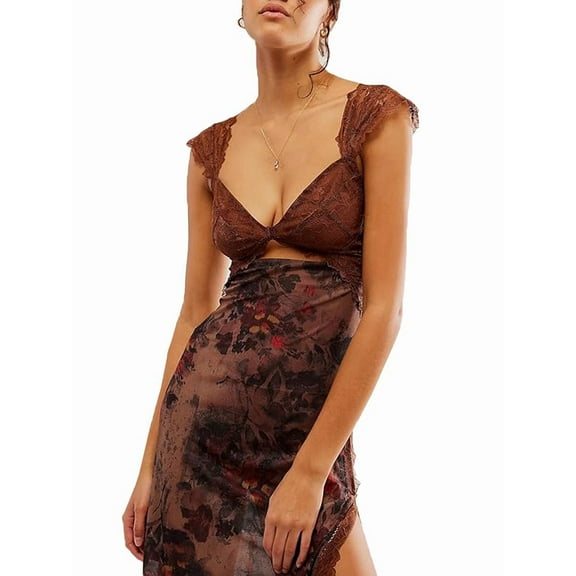 Women Lace Patchwork Mesh Maxi Dress Floral Print Cutout Sweetheart Neck Backless Slit Summer Y2K Long Dresses Dark Brown S