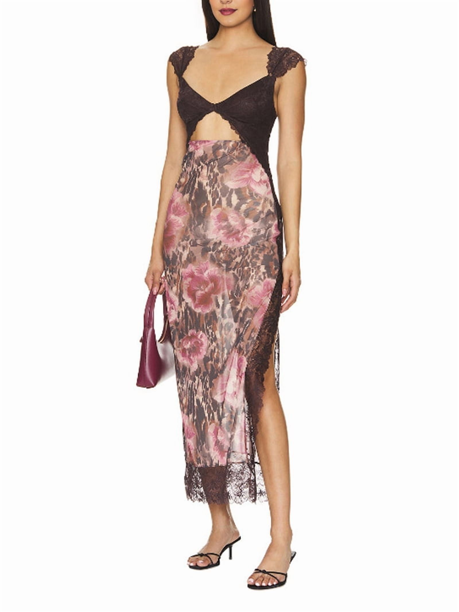 Women Lace Patchwork Mesh Maxi Dress Floral Print Cutout Sweetheart Neck  Backless Slit Summer Y2K Long Dresses White M - Walmart.com