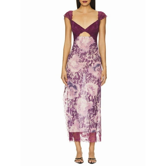 Women Lace Patchwork Mesh Maxi Dress Floral Print Cutout Sweetheart Neck Backless Slit Summer Y2K Long Dresses  L