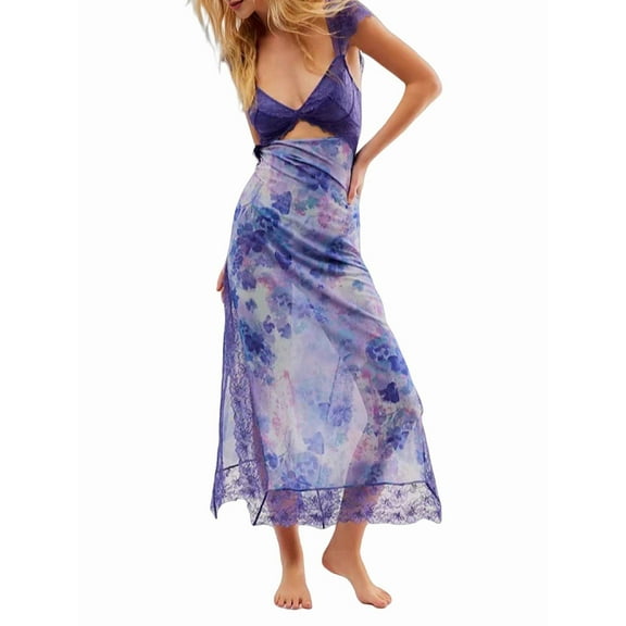 Women Lace Patchwork Mesh Maxi Dress Floral Print Cutout Sweetheart Neck Backless Slit Summer Y2K Long Dresses Light  L