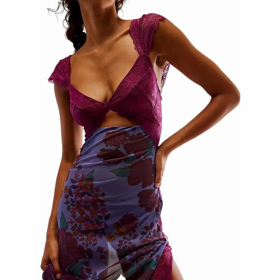 Women Lace Patchwork Mesh Maxi Dress Floral Print Cutout Sweetheart Neck Backless Slit Summer Y2K Long Dresses M