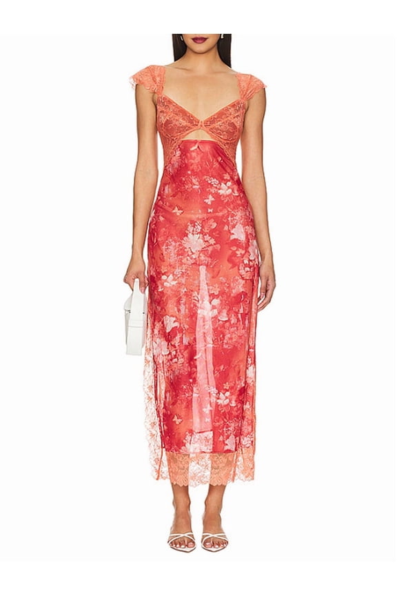 Women Lace Patchwork Mesh Maxi Dress Floral Print Cutout Sweetheart Neck Backless Slit Summer Y2K Long Dresses Orange Color S