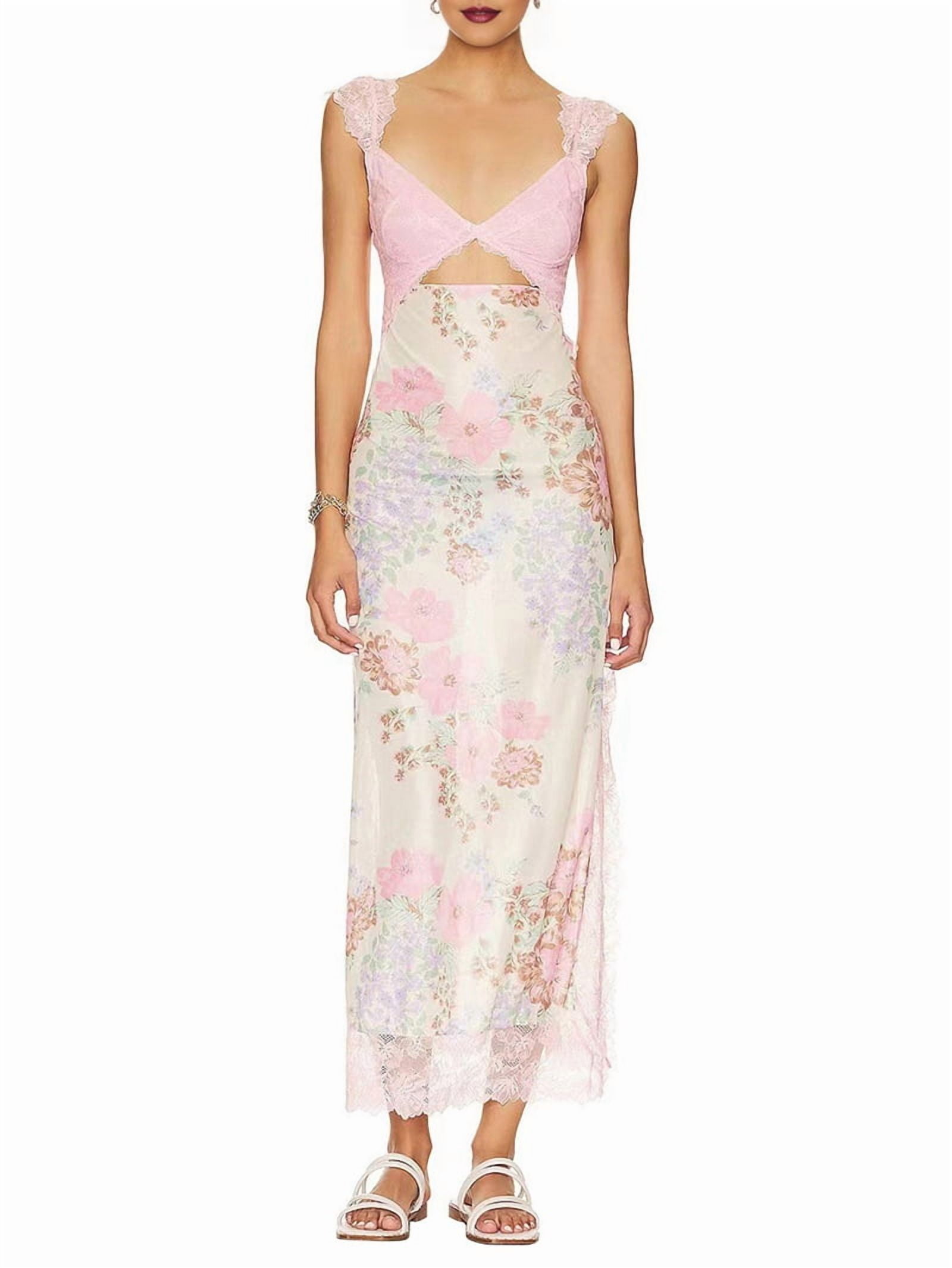 floral print sweetheart neck lace up backless ruffle trim dress Aimee Lavender Floral Print Linen Blend Bustier Maxi Dress main image 0