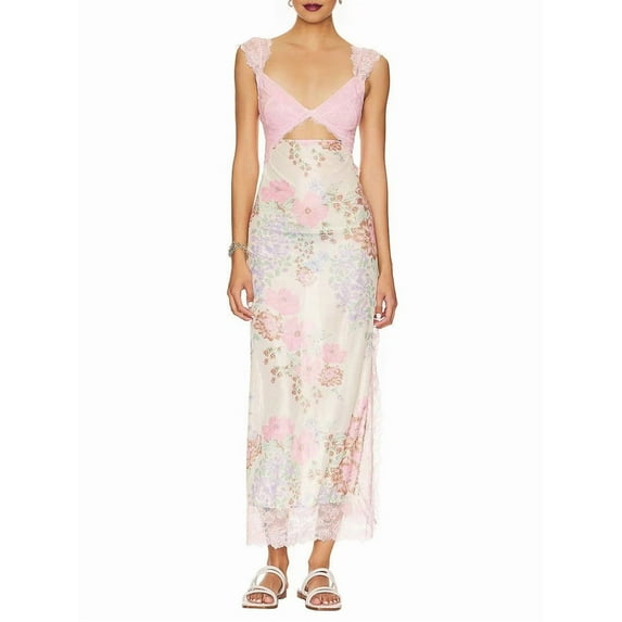 Women Lace Patchwork Mesh Maxi Dress Floral Print Cutout Sweetheart Neck Backless Slit Summer Y2K Long Dresses Pink M