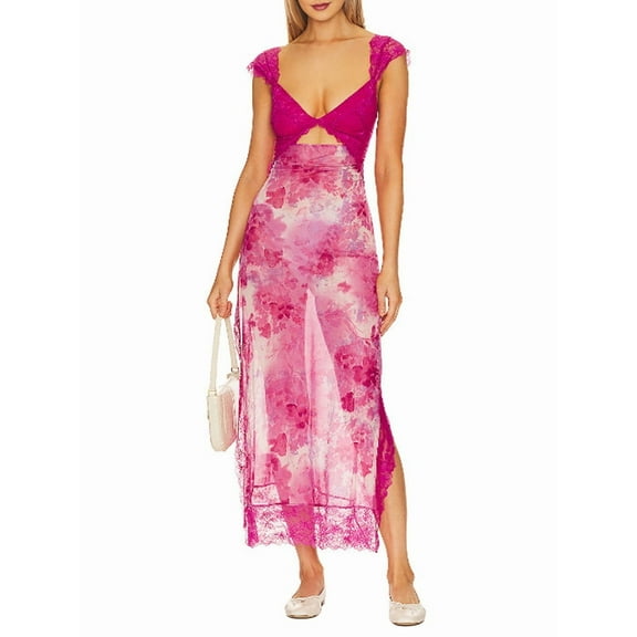 Women Lace Patchwork Mesh Maxi Dress Floral Print Cutout Sweetheart Neck Backless Slit Summer Y2K Long Dresses Rose Red M