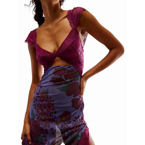 Women Lace Patchwork Mesh Maxi Dress Floral Print Cutout Sweetheart Neck Backless Slit Summer Y2K Long Dresses S