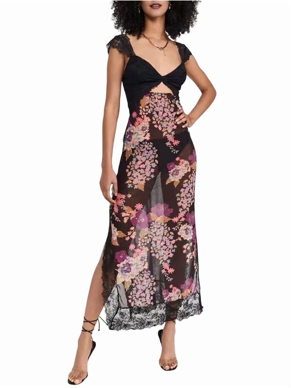 Women Lace Patchwork Mesh Maxi Dress Floral Print Cutout Sweetheart Neck Backless Slit Summer Y2K Long Dresses