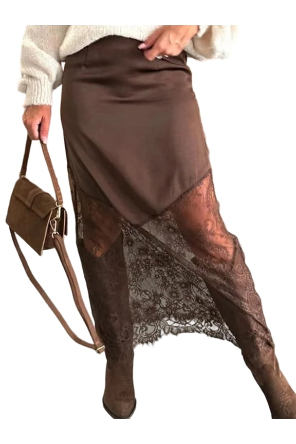 Women Lace Patchwork Skirts High Waist A Line Y2K Elegant Maxi Long Skirts Party Boho Skirt Camel Color S