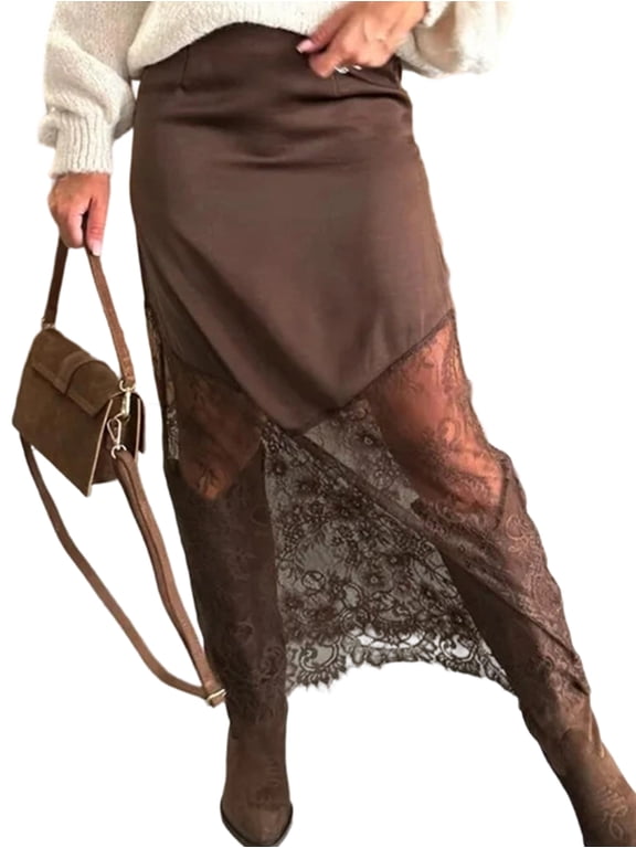 Women Lace Patchwork Skirts High Waist A Line Y2K Elegant Maxi Long Skirts Party Boho Skirt Camel Color S