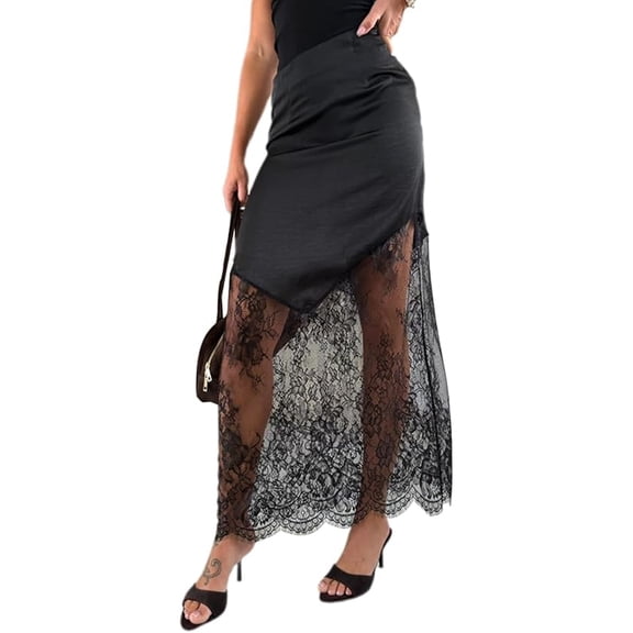 Women Lace Patchwork Skirts High Waist A Line Y2K Elegant Maxi Long Skirts Party Boho Skirt