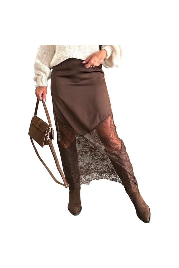 Women Lace Patchwork Skirts High Waist A Line Y2K Elegant Maxi Long Skirts Party Boho Skirt