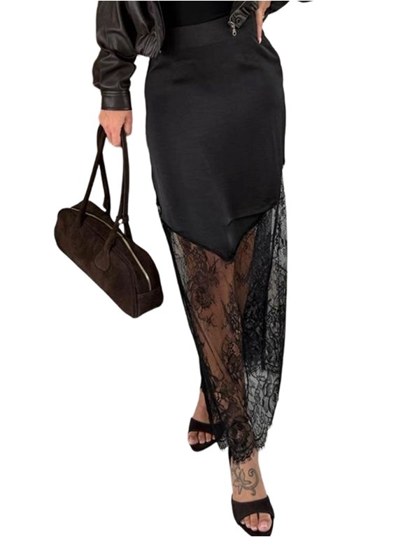 Women Lace Patchwork Skirts High Waist A Line Y2K Elegant Maxi Long Skirts Party Boho Skirt
