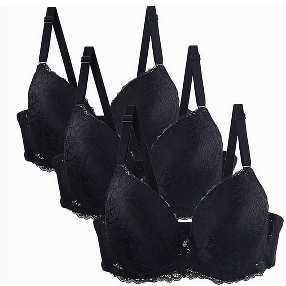 Women Lace Push up Bras 3 Pack, Back 2 Hooks Comfort Wireless Bras for Everyday Wear (Women’s Plus)